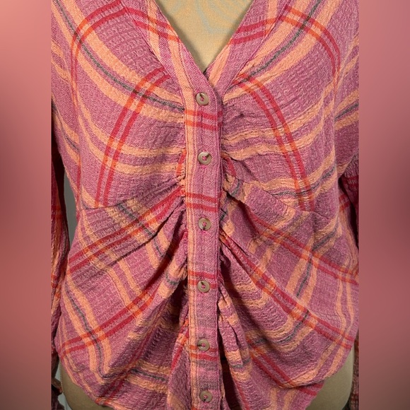 ANTHROPOLOGIE PILCRO RUCHED DEEP V- NECK PLAID BUTTON UP SHIRT SIZE LP - Picture 11 of 13